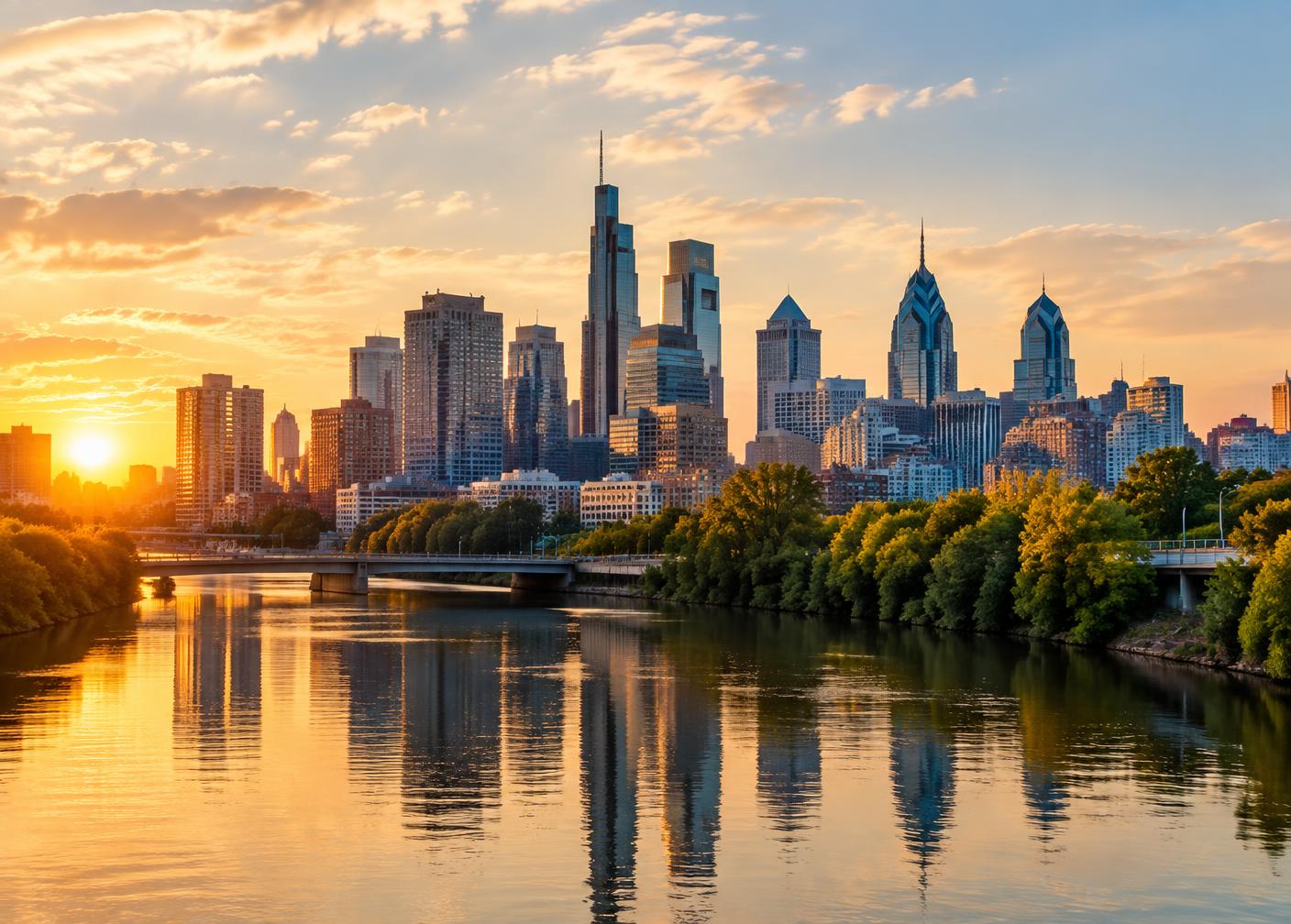 Philadelphia skyline reflected in the Schuylkill River at golden hour